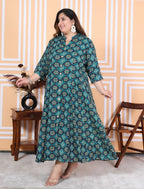 Plus Size Green Floral Print Flared Long Kurta-400039