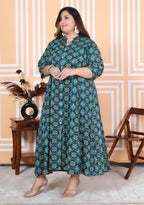 Plus Size Green Floral Print Flared Long Kurta-400039