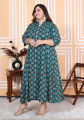 Plus Size Green Floral Print Flared Long Kurta-400039