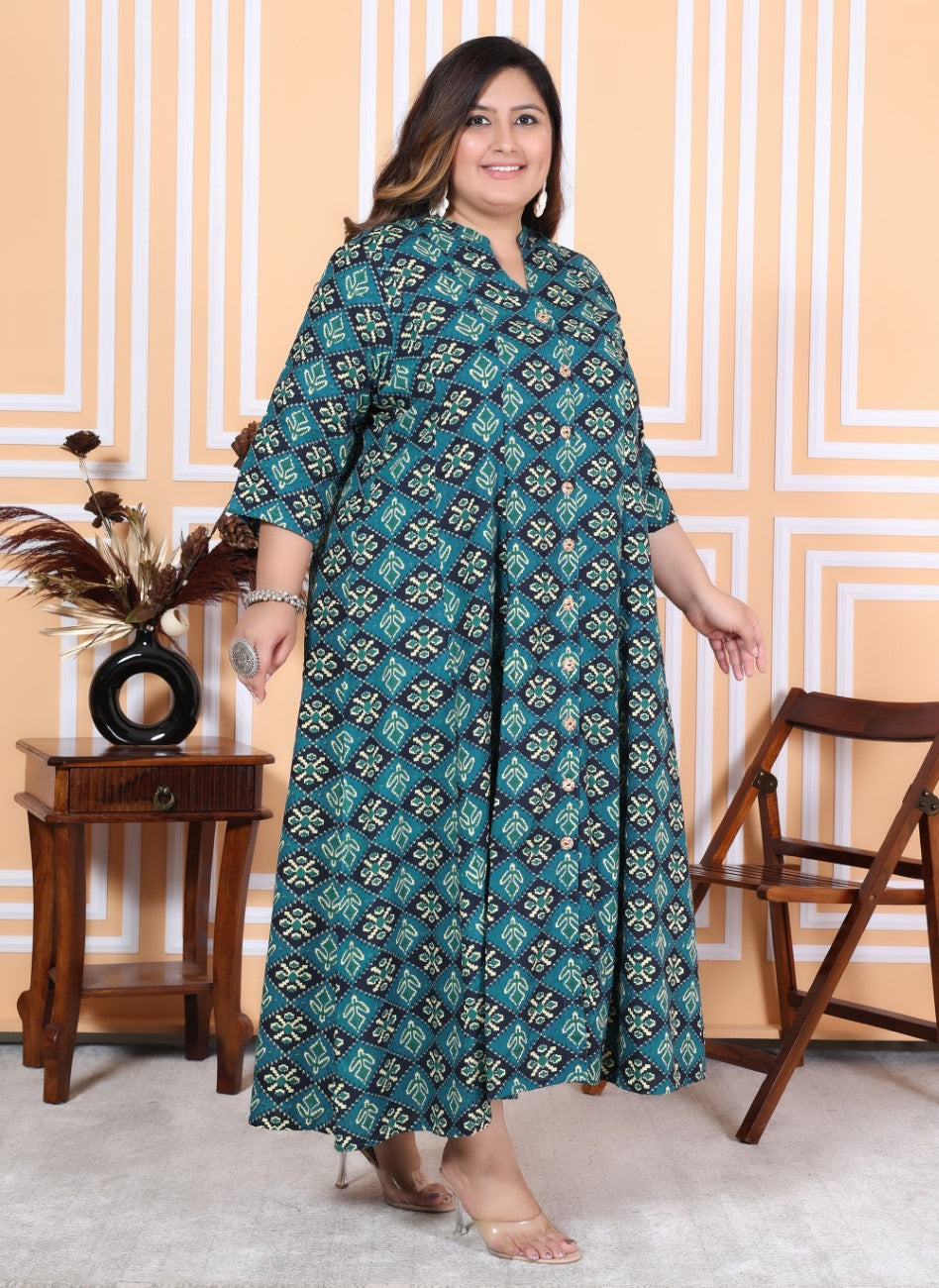 Plus Size Green Floral Print Flared Long Kurta-400039