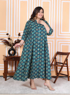 Plus Size Green Floral Print Flared Long Kurta-400039