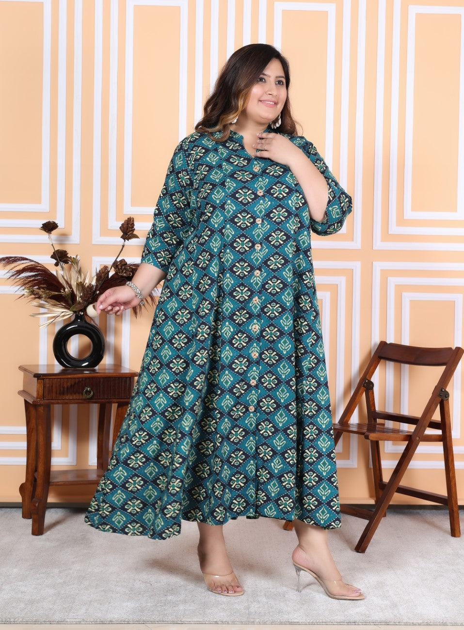 Plus Size Green Floral Print Flared Long Kurta-400039