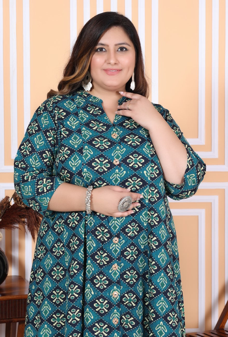 Plus Size Green Floral Print Flared Long Kurta-400039