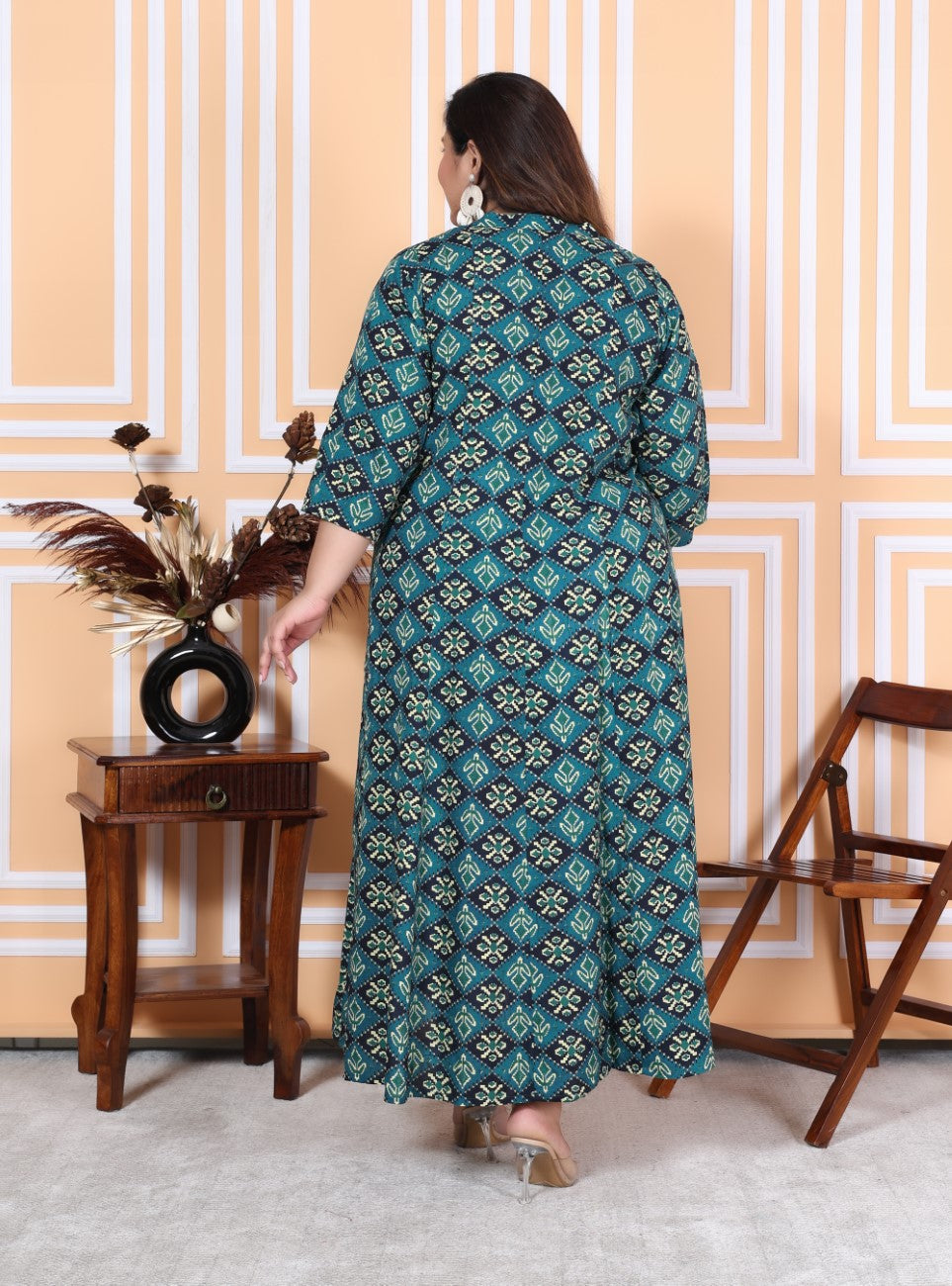 Plus Size Green Floral Print Flared Long Kurta-400039