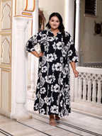 Plus Size Black Cotton Blend Floral Print A-line Gown-400041