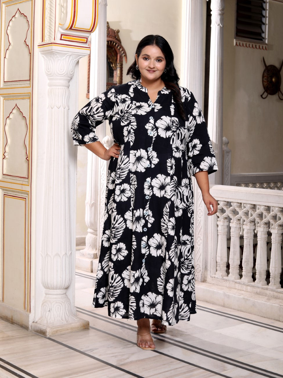 Plus Size Black Cotton Blend Floral Print A-line Gown-400041