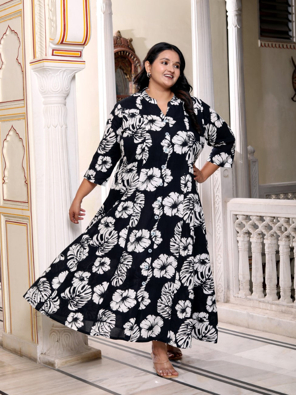 Plus Size Black Cotton Blend Floral Print A-line Gown-400041