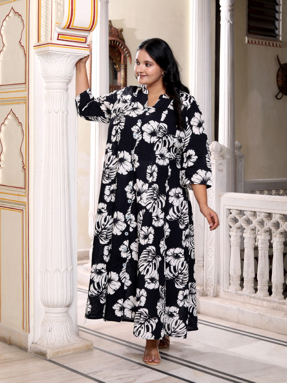 Plus Size Black Cotton Blend Floral Print A-line Gown-400041