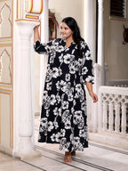 Plus Size Black Cotton Blend Floral Print A-line Gown-400041