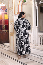 Plus Size Black Cotton Blend Floral Print A-line Gown-400041