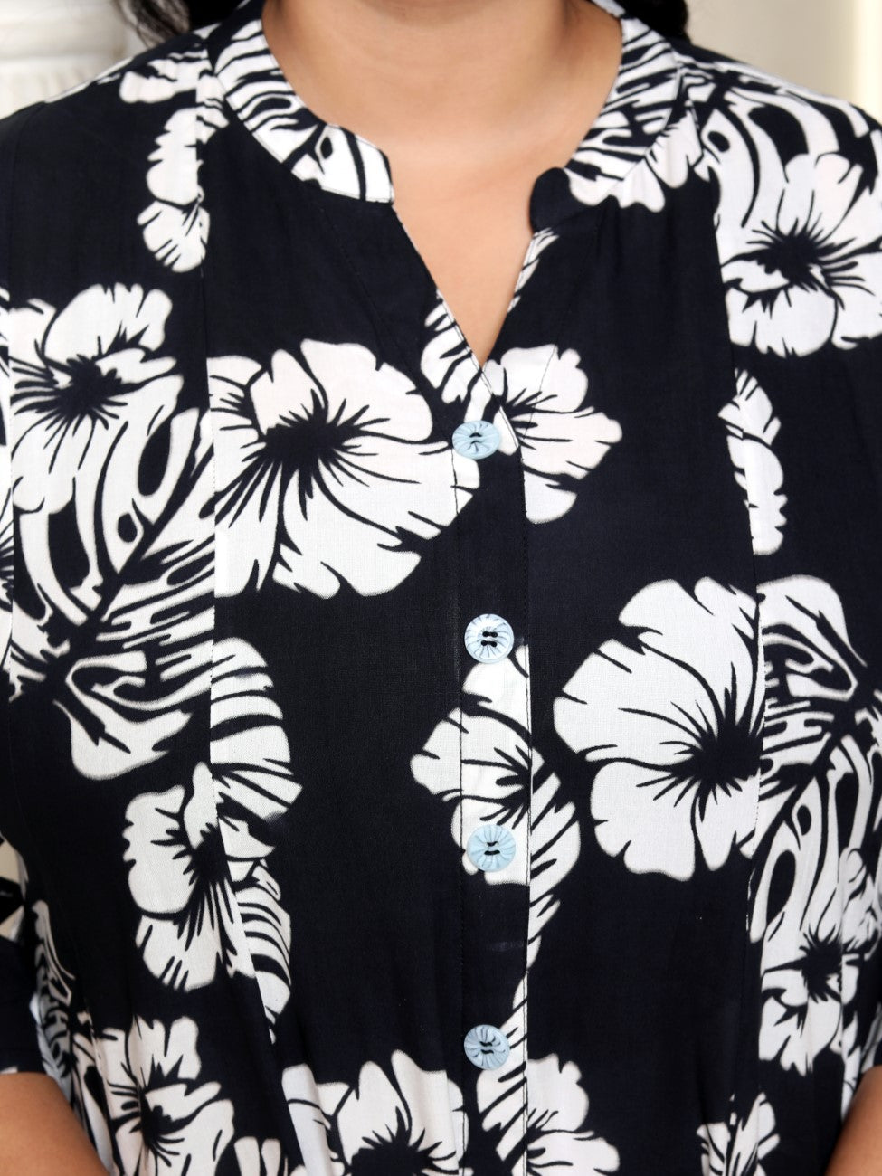 Plus Size Black Cotton Blend Floral Print A-line Gown-400041