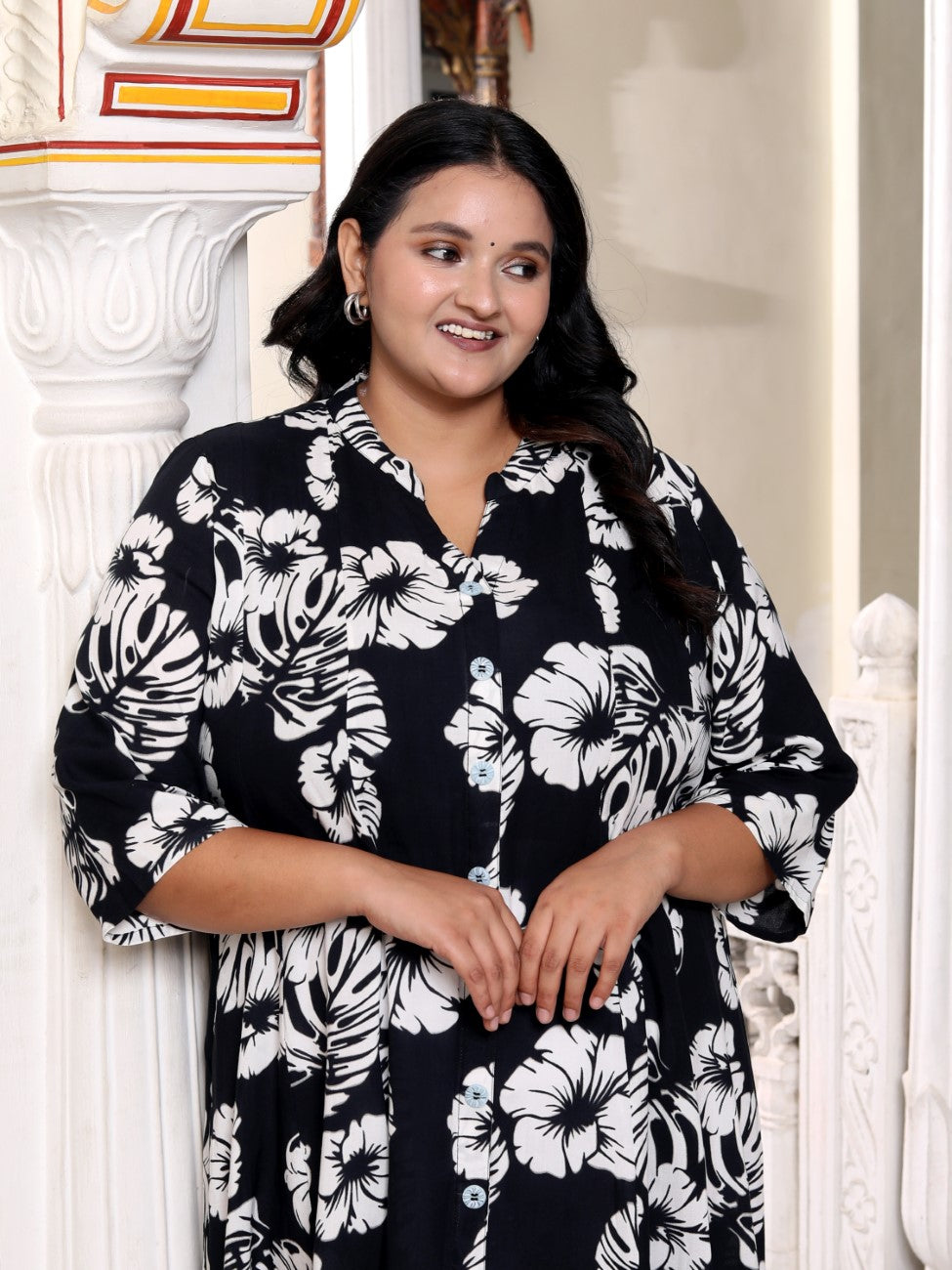 Plus Size Black Cotton Blend Floral Print A-line Gown-400041