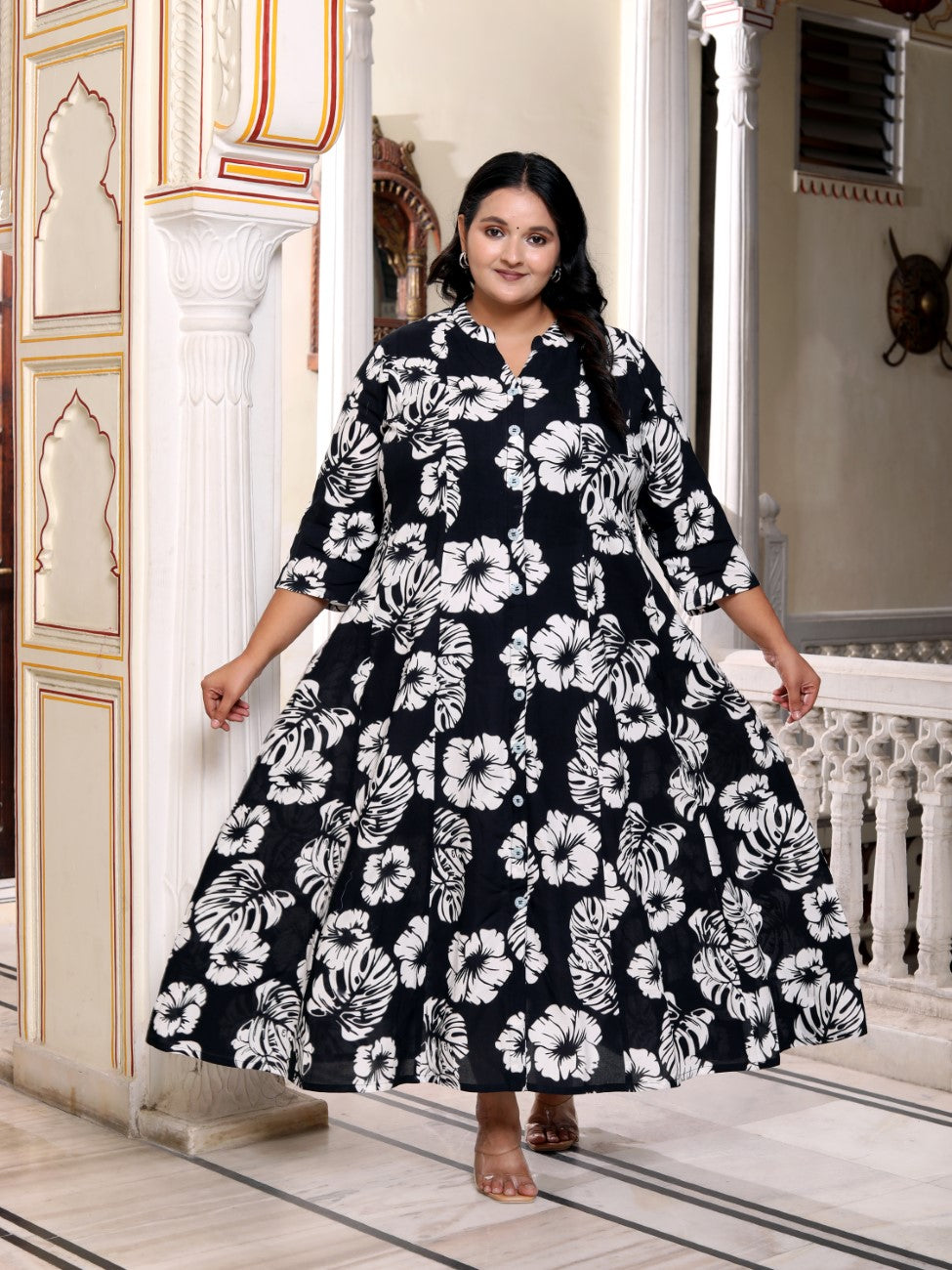 Plus Size Black Cotton Blend Floral Print A-line Gown-400041