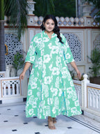 Plus Size Blue Cotton Blend Floral Print A-line Gown-400042