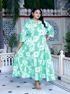 Plus Size Blue Cotton Blend Floral Print A-line Gown-400042