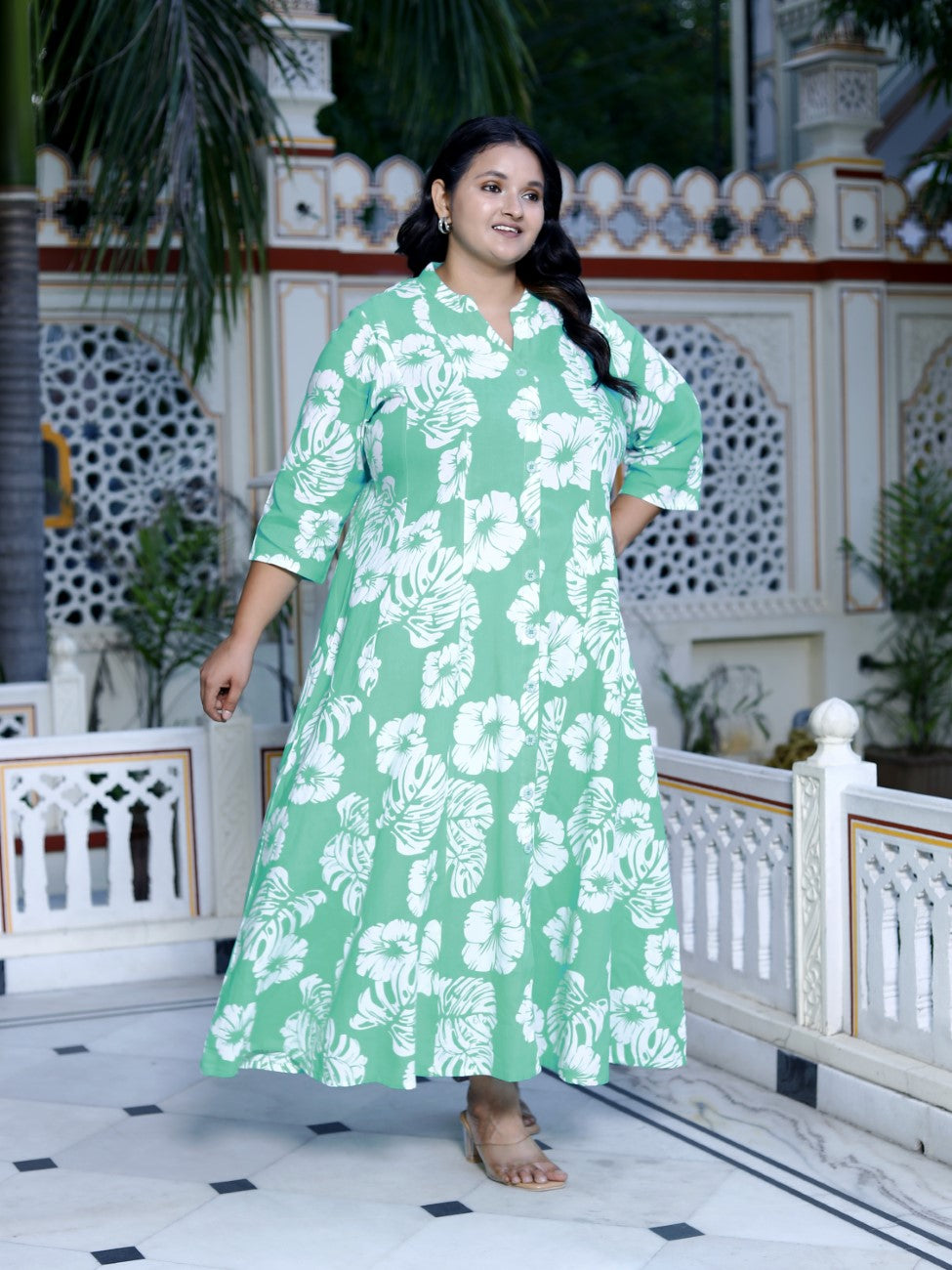 Plus Size Blue Cotton Blend Floral Print A-line Gown-400042