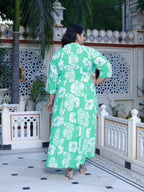 Plus Size Blue Cotton Blend Floral Print A-line Gown-400042