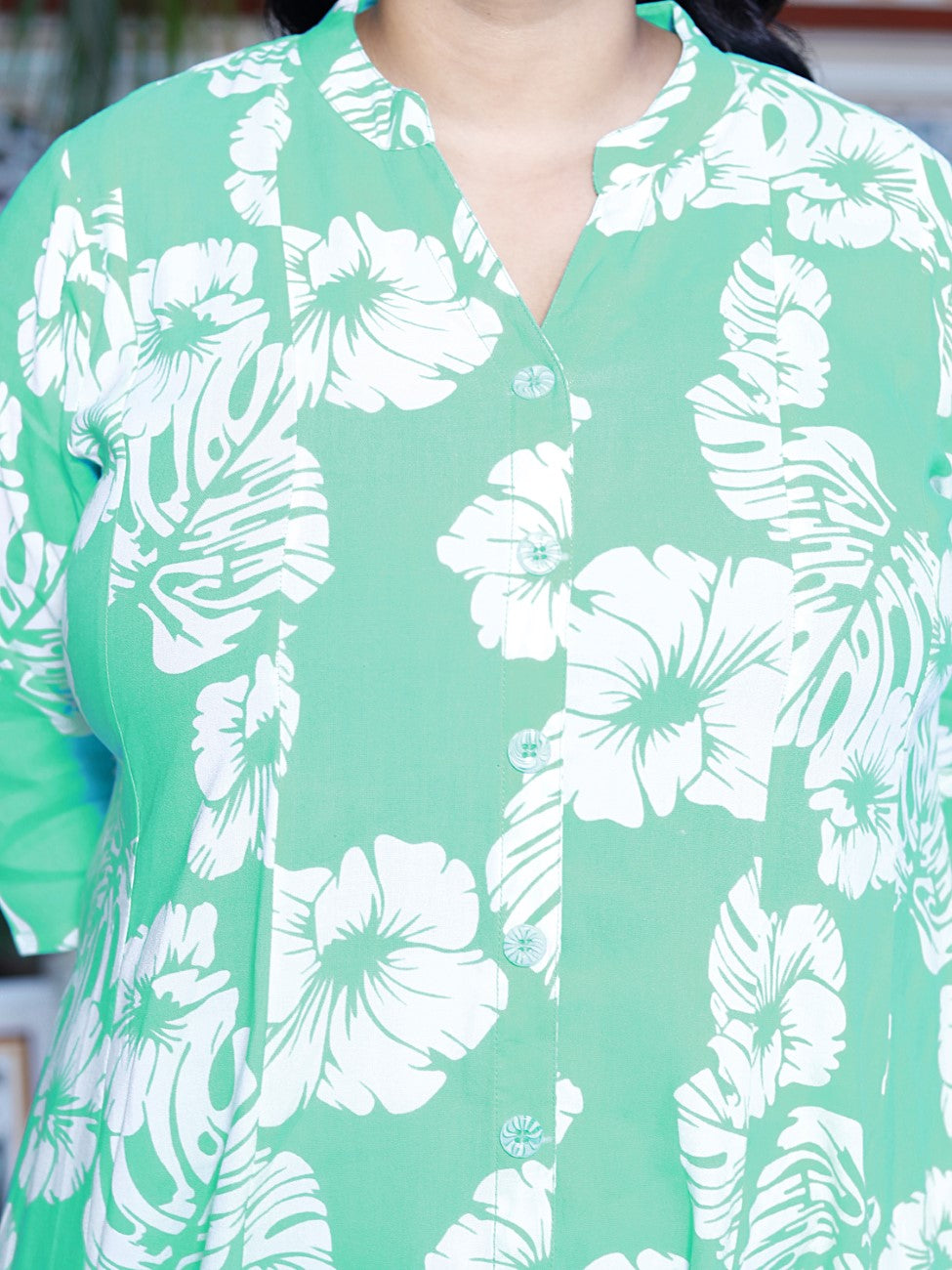 Plus Size Blue Cotton Blend Floral Print A-line Gown-400042