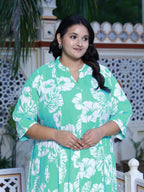 Plus Size Blue Cotton Blend Floral Print A-line Gown-400042