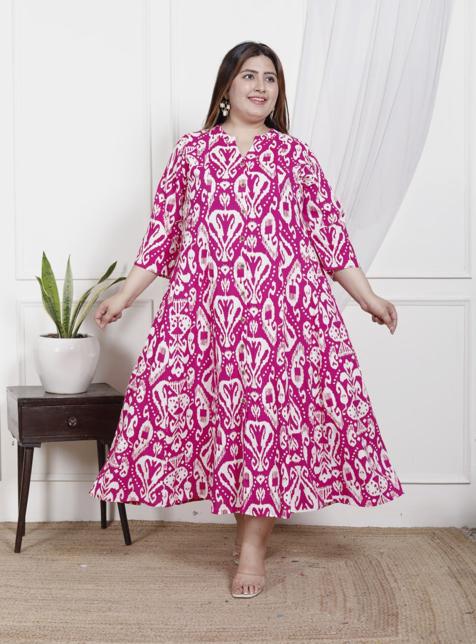 Plus Size Pink Cotton Blend  Printed Aline Kurta-400047