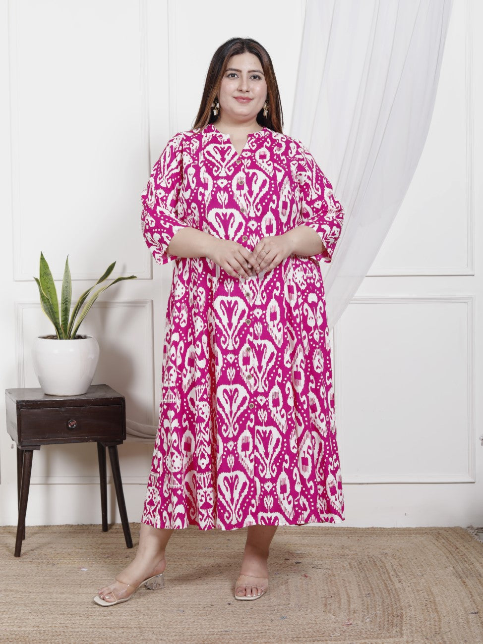 Plus Size Pink Cotton Blend  Printed Aline Kurta-400047