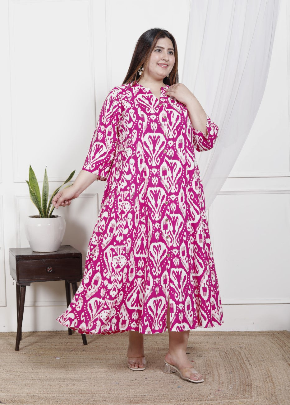 Plus Size Pink Cotton Blend  Printed Aline Kurta-400047