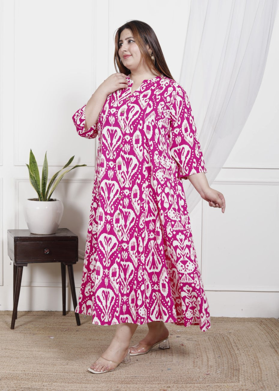 Plus Size Pink Cotton Blend  Printed Aline Kurta-400047
