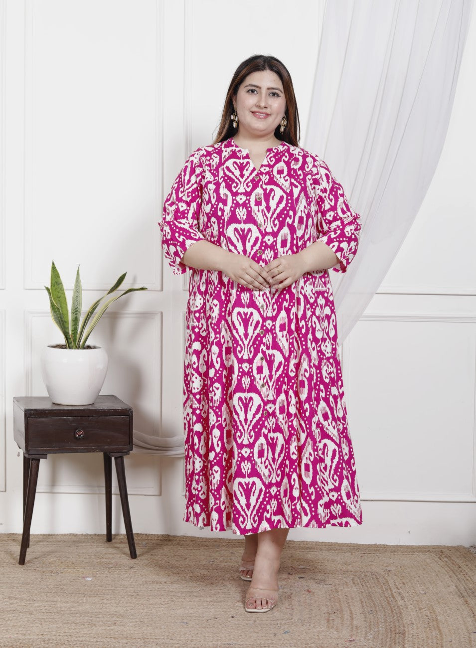 Plus Size Pink Cotton Blend  Printed Aline Kurta-400047