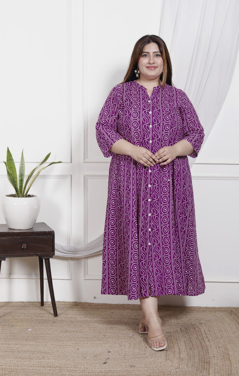 Plus Size Purple Cotton Blend  Bandhani  Print Aline Kurta-400048 Secondary image