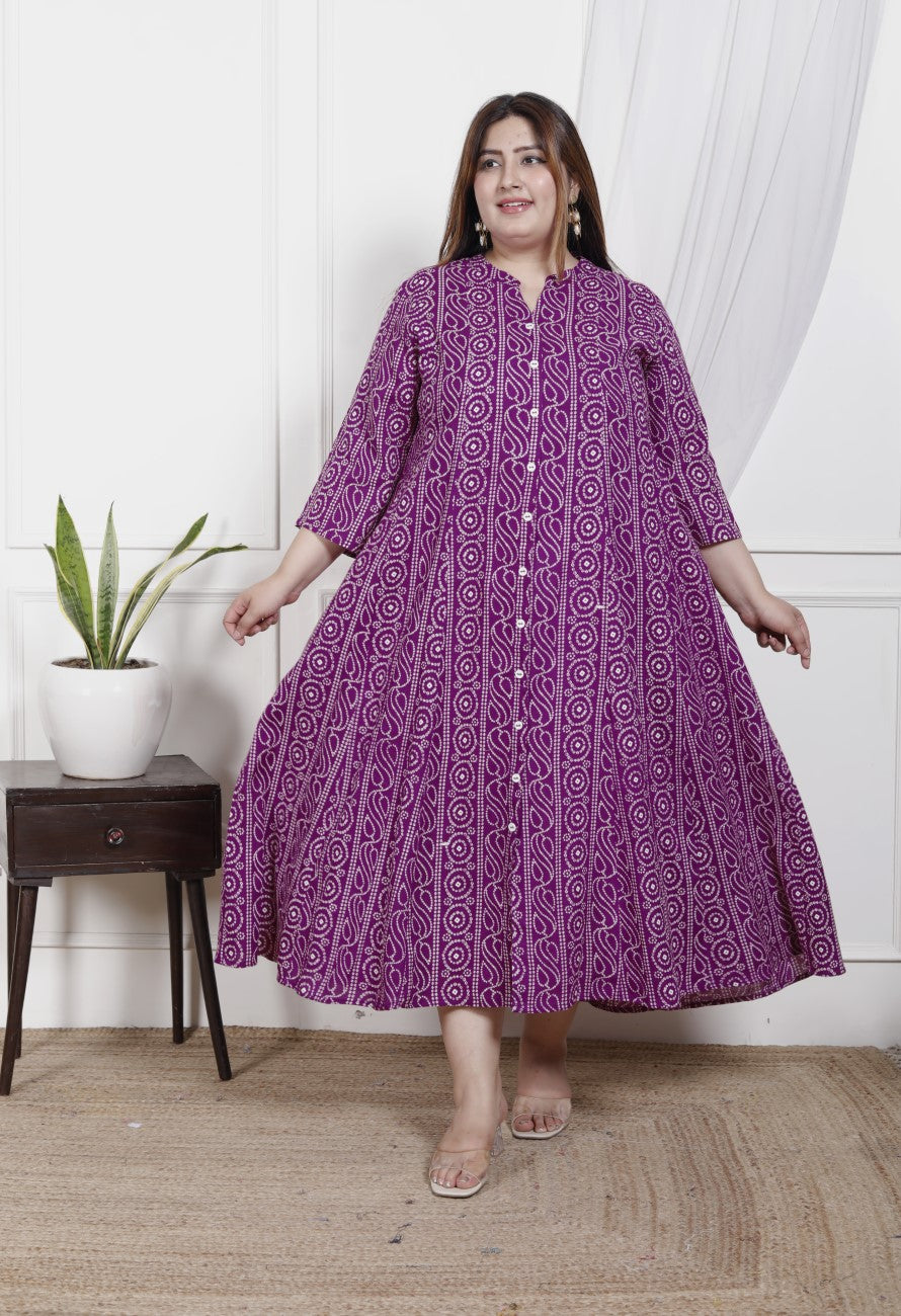 Plus Size Purple Cotton Blend  Bandhani  Print Aline Kurta-400048