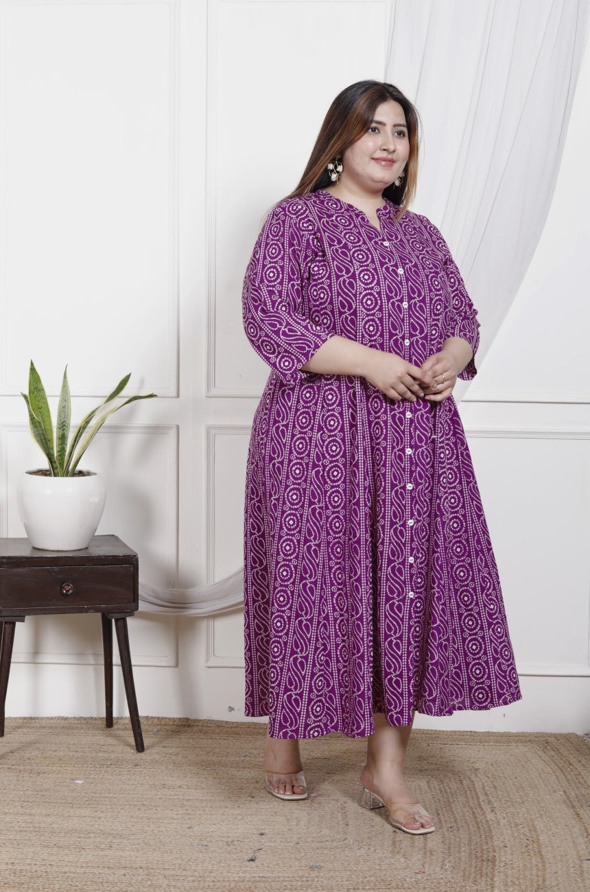 Plus Size Purple Cotton Blend  Bandhani  Print Aline Kurta-400048