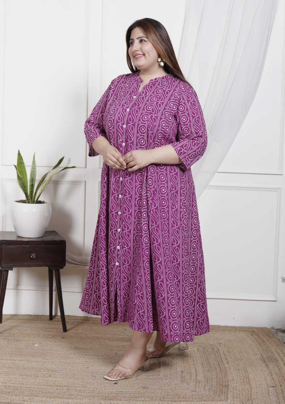 Plus Size Purple Cotton Blend  Bandhani  Print Aline Kurta-400048