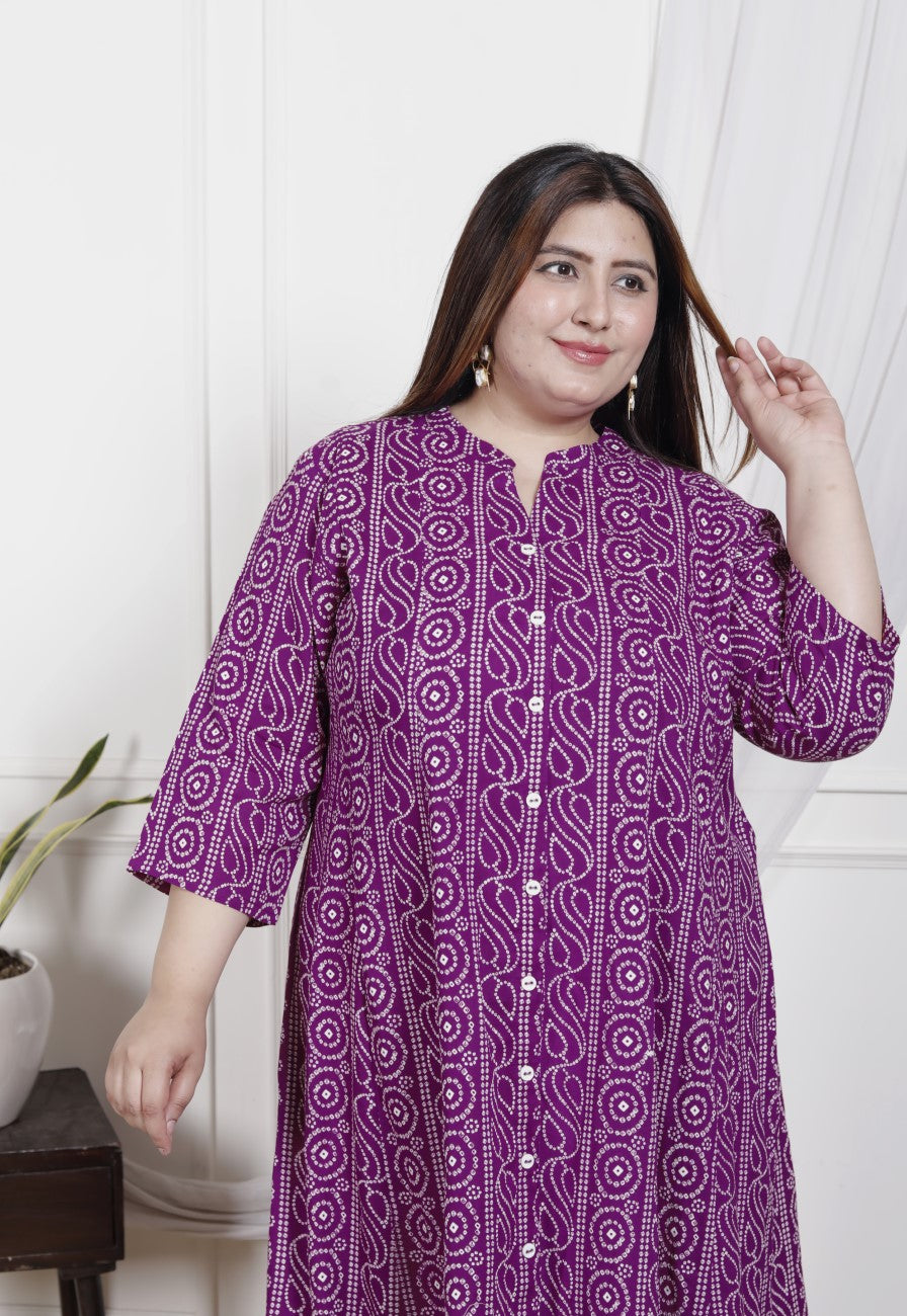 Plus Size Purple Cotton Blend  Bandhani  Print Aline Kurta-400048