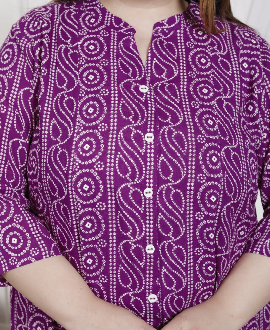 Plus Size Purple Cotton Blend  Bandhani  Print Aline Kurta-400048