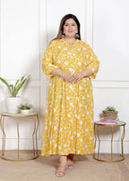 Plus Size Yellow Floral Print Flared Long Gown-400066