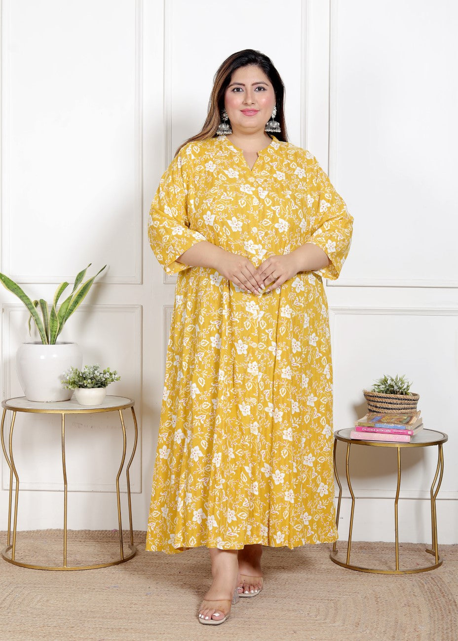 Plus Size Yellow Floral Print Flared Long Gown-400066
