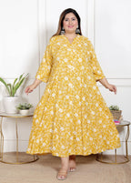 Plus Size Yellow Floral Print Flared Long Gown-400066