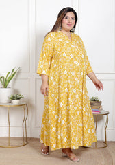 Plus Size Yellow Floral Print Flared Long Gown-400066