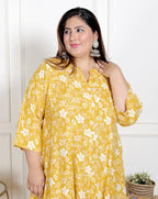 Plus Size Yellow Floral Print Flared Long Gown-400066