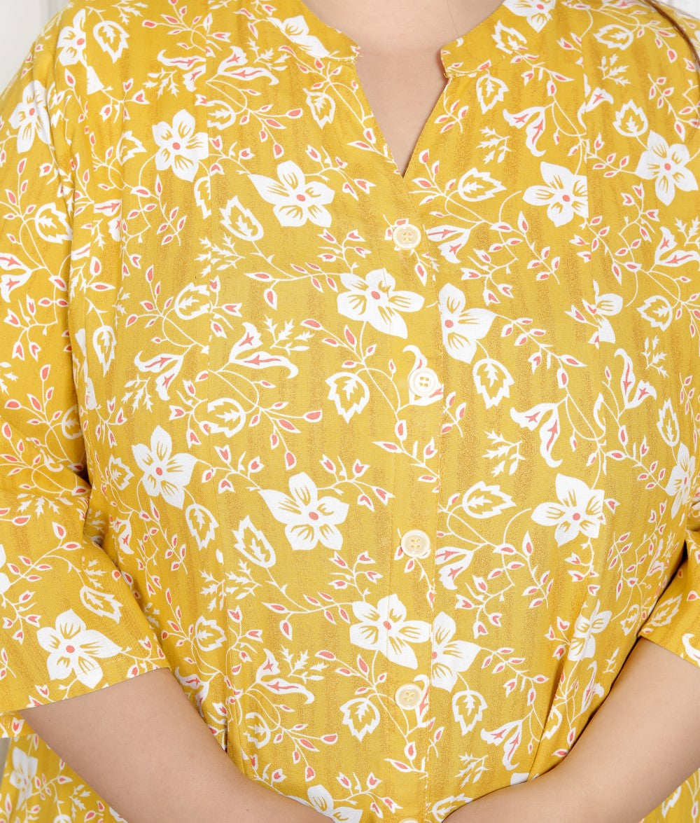 Plus Size Yellow Floral Print Flared Long Gown-400066