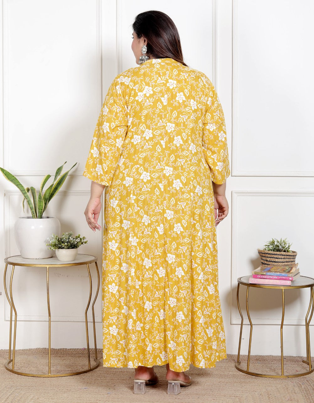 Plus Size Yellow Floral Print Flared Long Gown-400066