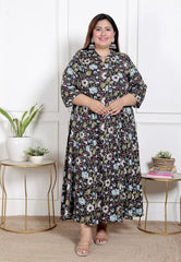 Plus Size Black Floral Print Flared Long Kurta-400068