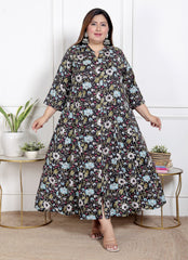 Plus Size Black Floral Print Flared Long Kurta-400068