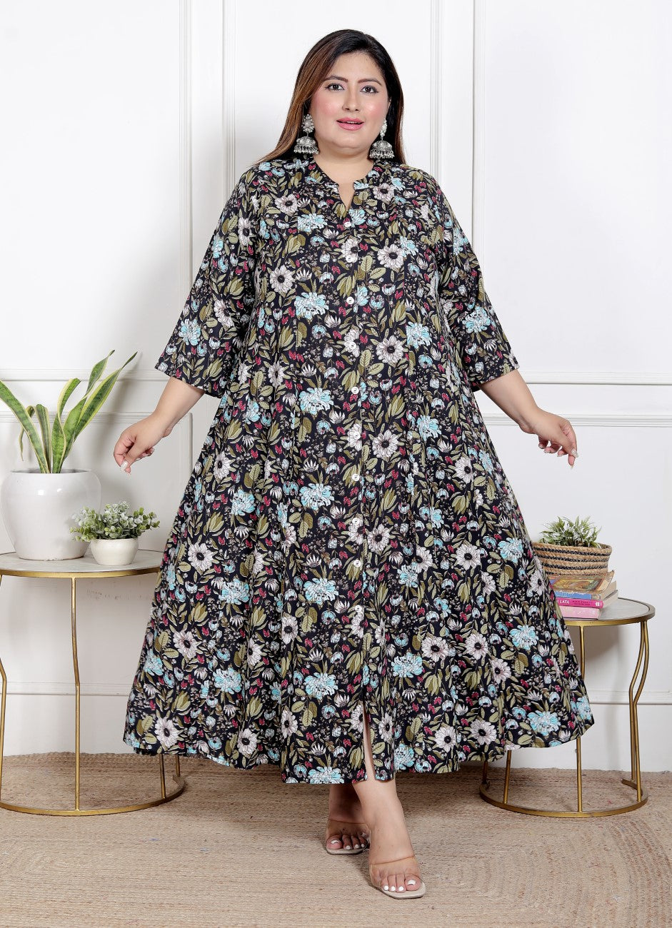 Plus Size Black Floral Print Flared Long Kurta-400068 Main image