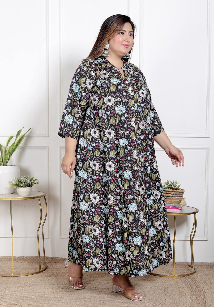 Plus Size Black Floral Print Flared Long Kurta-400068