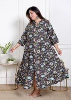 Plus Size Black Floral Print Flared Long Kurta-400068