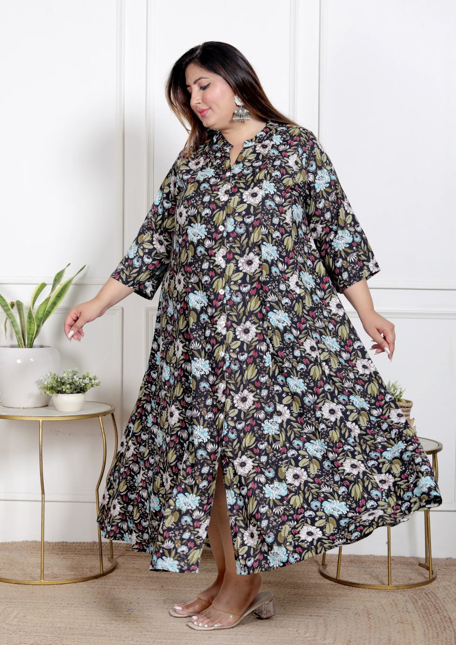 Plus Size Black Floral Print Flared Long Kurta-400068