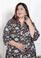 Plus Size Black Floral Print Flared Long Kurta-400068