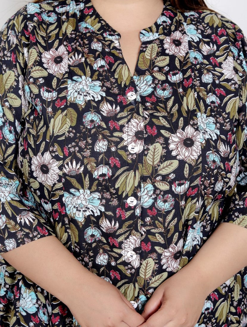 Plus Size Black Floral Print Flared Long Kurta-400068