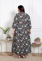Plus Size Black Floral Print Flared Long Kurta-400068